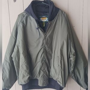Cabela's Olive Green Hunting Bomber Jacket with Navy Accents Hooded